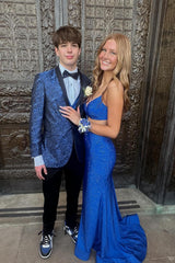Sophisticated Shawl Lapel Blue Jacquard 2-Piece Men's Prom Suit