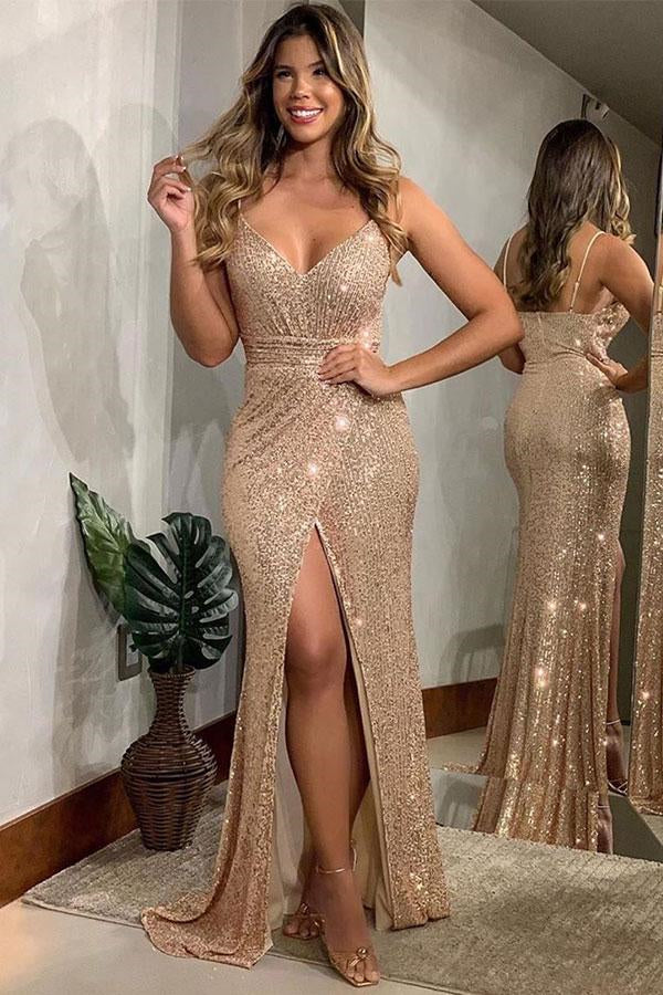 Spaghetti Strap Sequin Evening Dress with Slit
