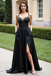 Spaghetti Straps A Line Black Wedding Guest Dress Long Formal Dress With Slit