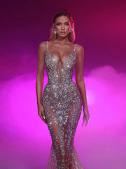 Spaghetti Straps Beaded Prom Dress Tulle Mermaid Formal Dress