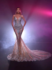 Spaghetti Straps Beaded Prom Dress Tulle Mermaid Formal Dress