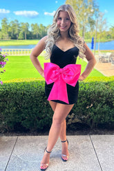 Spaghetti Straps Black Homecoming Dress Bodycon Short Prom Dress with Bow