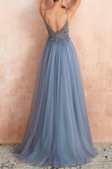 Spaghetti Straps Blue Prom Dress Long Evening Dress With Slit