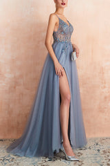 Spaghetti Straps Blue Prom Dress Long Evening Dress With Slit