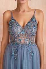 Spaghetti Straps Blue Prom Dress Long Evening Dress With Slit