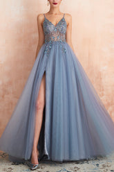 Spaghetti Straps Blue Prom Dress Long Evening Dress With Slit