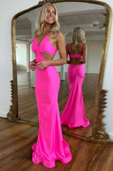 Spaghetti Straps Cut Out Fuchsia Prom Dress Long Formal Dress With Slit