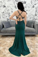 Spaghetti Straps Dark Green Prom Dress Mermaid Formal Dress With Slit