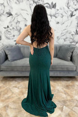 Spaghetti Straps Dark Green Prom Dress Mermaid Formal Dress With Slit
