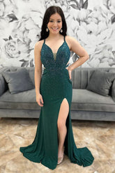 Spaghetti Straps Dark Green Prom Dress Mermaid Formal Dress With Slit