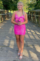 Spaghetti Straps Fuchsia Homecoming Dress Tight Short Prom Dress with Lace