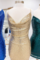 Spaghetti Straps Golden Homecoming Dress Bodycon Short Prom Dress with Sequin