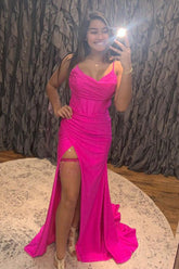 Spaghetti Straps Hot Pink Prom Dress Corset Evening Dress with Slit