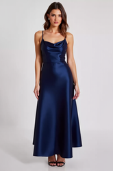 Spaghetti Straps Navy Wedding Guest Dress Satin Sheath Long Formal Dress
