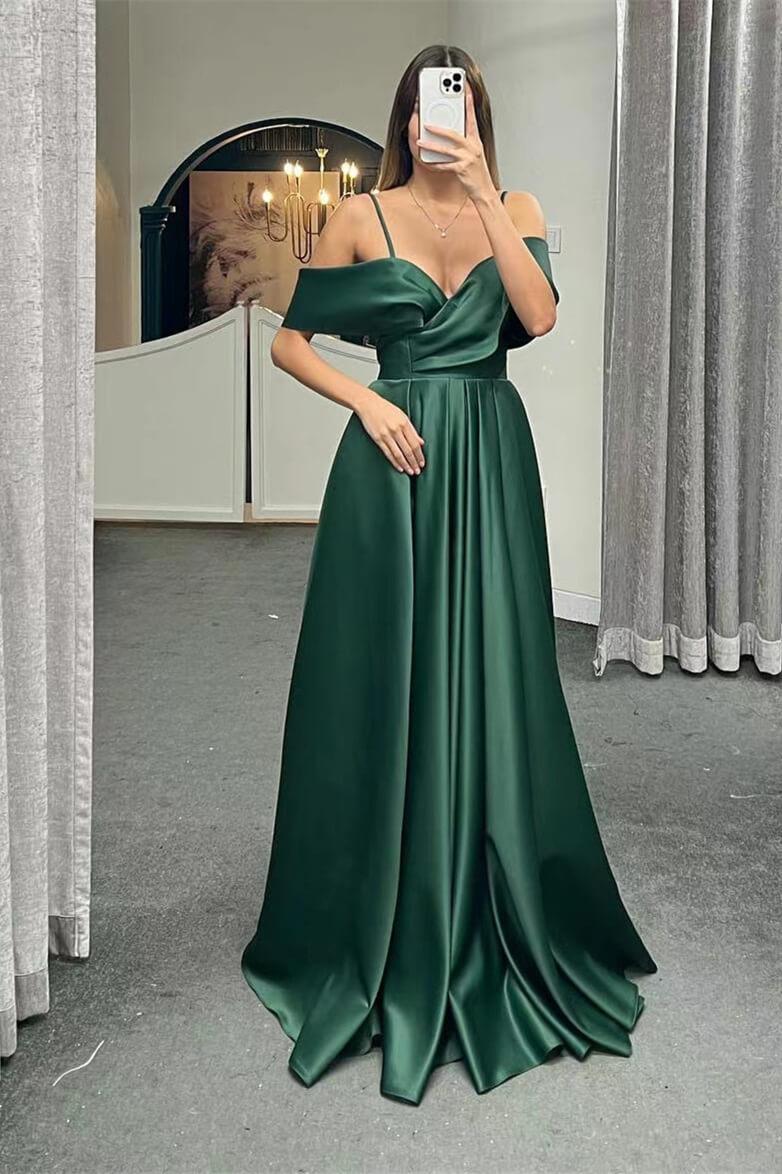 Spaghetti Straps Off the Shoulder A Line Lace Up Back Long Evening Dress