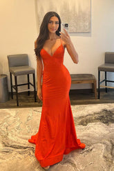 Spaghetti Straps Orange Prom Dress Long Evening Dress with Criss Cross Back