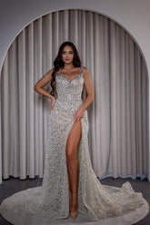 Spaghetti Straps Prom Dress Mermaid Sleeveless Formal Dress with Slit