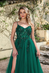 Spaghetti Straps Prom Dress Sequin A Line Tulle Evening Dress with Slit