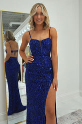 Spaghetti Straps Royal Blue Prom Dress Memraid Long Formal Dress With Slit