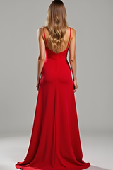 Spaghetti Straps Sheath Red Wedding Guest Dress Satin Long Formal Dress