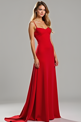 Spaghetti Straps Sheath Red Wedding Guest Dress Satin Long Formal Dress
