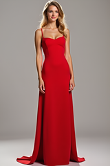 Spaghetti Straps Sheath Red Wedding Guest Dress Satin Long Formal Dress