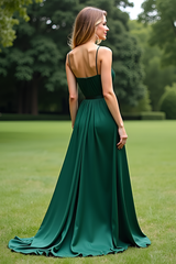 Spaghetti Straps Square Neck Dark Green Wedding Guest Dress Long Formal Dress
