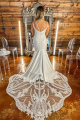 Spaghetti Straps Wedding Dress Mermaid Sequined Bridal Gown with Lace Appliques