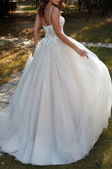 Spaghetti Traps Wedding Dress A Line Tulle With Lace Appliques and Sweep Train