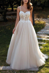 Spaghetti Traps Wedding Dress A Line Tulle With Lace Appliques and Sweep Train