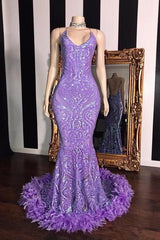 Spaghetti V Neck Sequins Floor Length Fur Train Mermaid Prom Dress