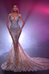 Spaghetti Straps Beaded Prom Dress Tulle Mermaid Formal Dress