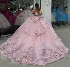 Sparkle & Glitter Ball Gown Off Shoulder Flowers Appliques Beaded Tiered Ruffles Pink Tulle Quinceanera Dress Graduation Party Gown For Sweet 16
