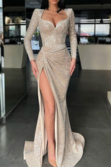 Sparkle Long Sleeves Sweetheart Sequin Mermaid High Split Prom Dress