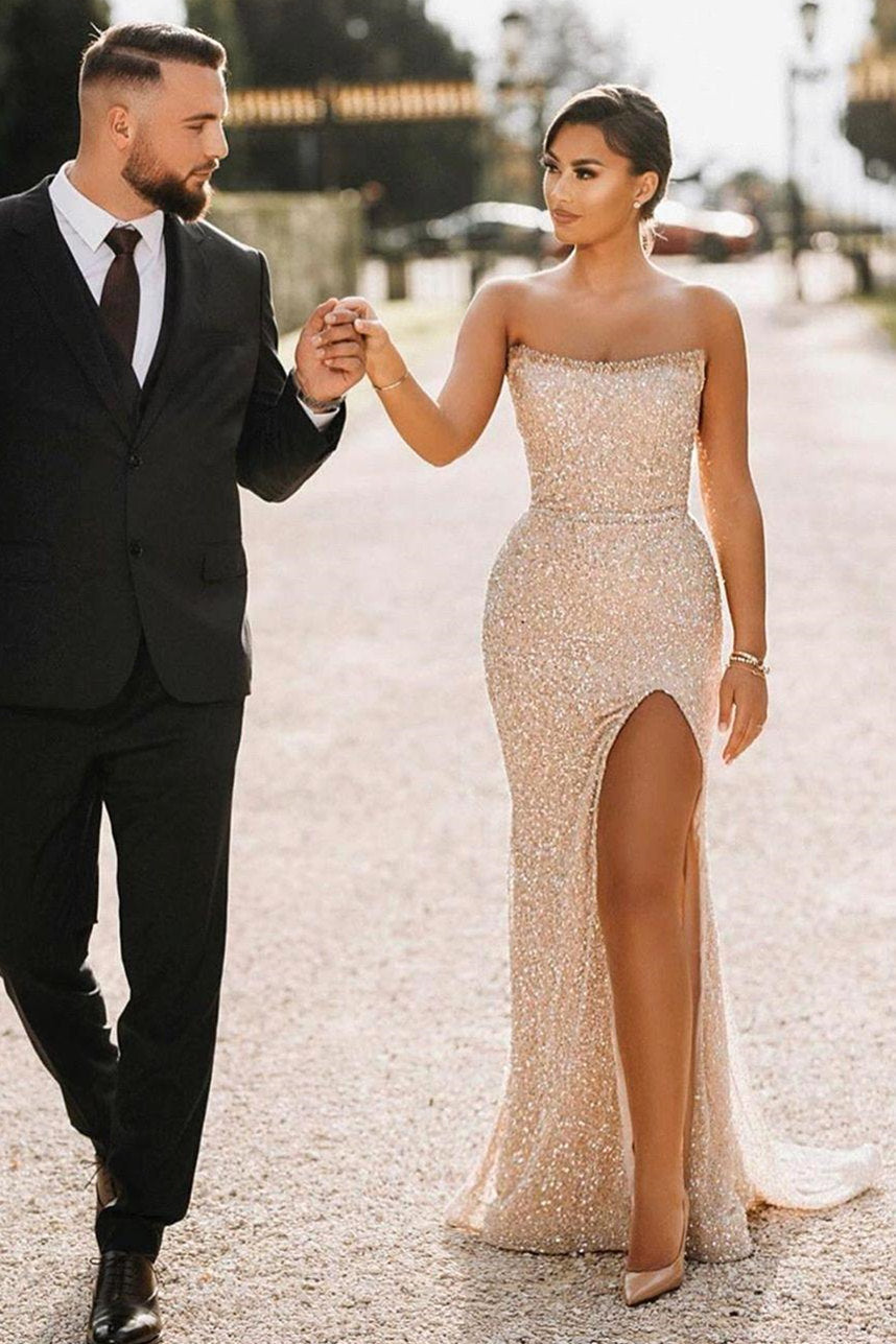 Sparkle Sequin Strapless Column High Split Long Prom Dress