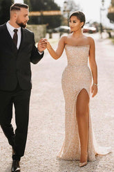 Sparkle Sequin Strapless Column High Split Long Prom Dress