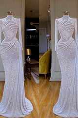 Sparkle White Sequined Formal Dress Long Sleeve Pleated Evening Dress