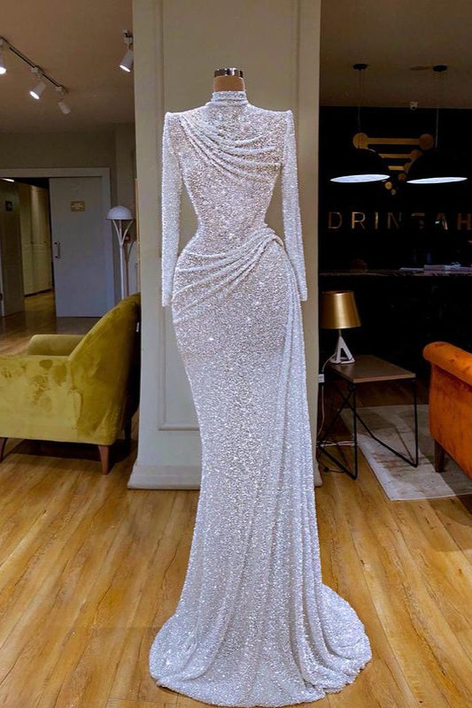 Sparkle White Sequined Formal Dress Long Sleeve Pleated Evening Dress
