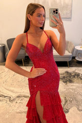 Sparkling Red Beaded Mermaid Prom Evening Gown With Ruffle Skirt Formal Evening Gown