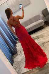 Sparkling Red Beaded Mermaid Prom Evening Gown With Ruffle Skirt Formal Evening Gown