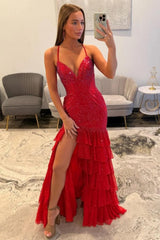 Sparkling Red Beaded Mermaid Prom Evening Gown With Ruffle Skirt Formal Evening Gown