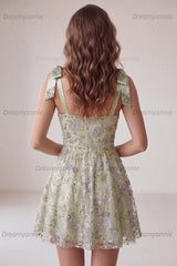 A-Line Floral Dusty Sage Short Beaded Homecoming Dress with Bows