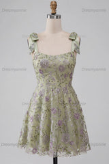 A-Line Floral Dusty Sage Short Beaded Homecoming Dress with Bows