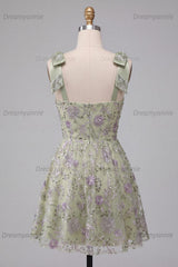 A-Line Floral Dusty Sage Short Beaded Homecoming Dress with Bows