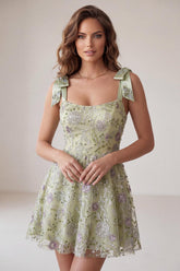 Sparkly A-Line Floral Dusty Sage Short Beaded Homecoming Dress with Bows