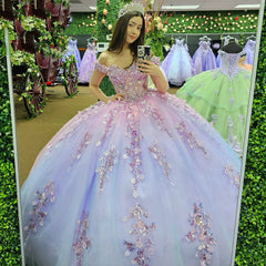 Sparkly Ball Gown Off Shoulder Appliques Beaded Tulle Princess Prom Party Gown Quinceanera Dresses For Sweet 16 Dress