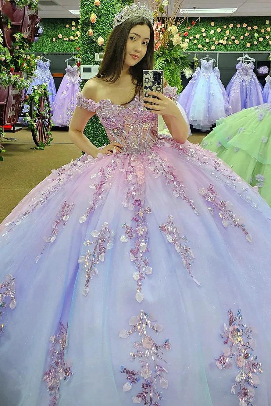 Sparkly Ball Gown Off Shoulder Appliques Beaded Tulle Princess Prom Party Gown Quinceanera Dresses For Sweet 16 Dress