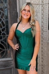 Beaded Dark Green Corset Bodycon Halter Short Homecoming Dress