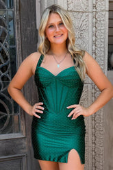 Sparkly Beaded Dark Green Corset Bodycon Halter Short Homecoming Dress