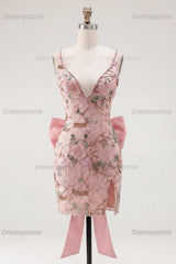 Pink Beaded Floral Short Homecoming Dress | V-Neck Bodycon with Bow